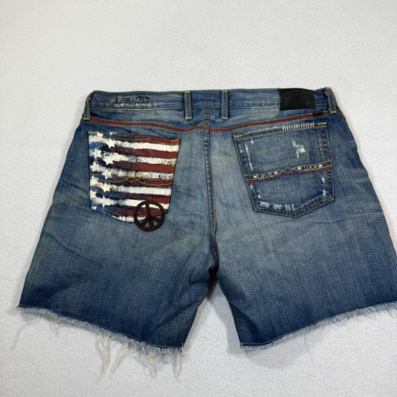 Lucky Brand Riley Shorts Women 38 Blue Distressed‎ Denim Cut Off Peace Patch - Picture 1 of 9